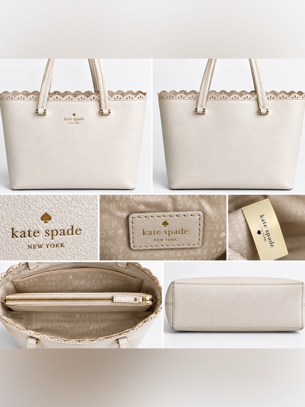 Kate Spade New York White Leather Scalloped Laser Cut Tote Bag Gold Hardware